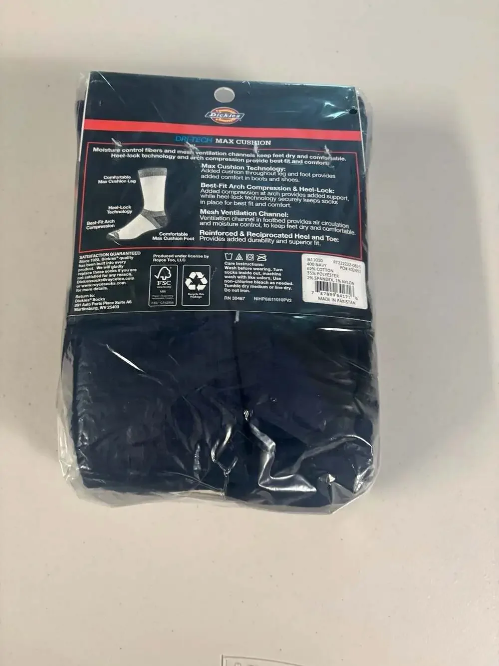 Dickies Dri-Tech Max Cushion Crew Performance Work Socks, 6 Pairs, Navy